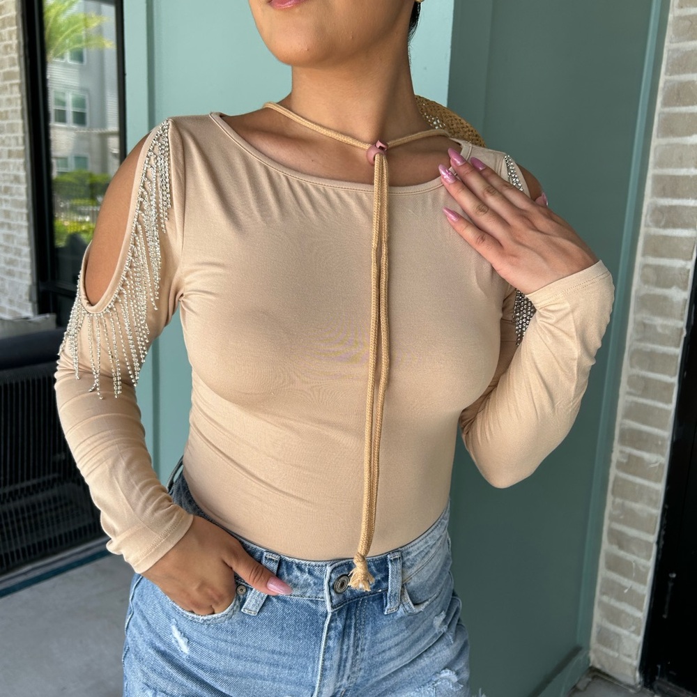 Beige Cold Shoulder Top with Fringe Detail - Picture 3 of 4